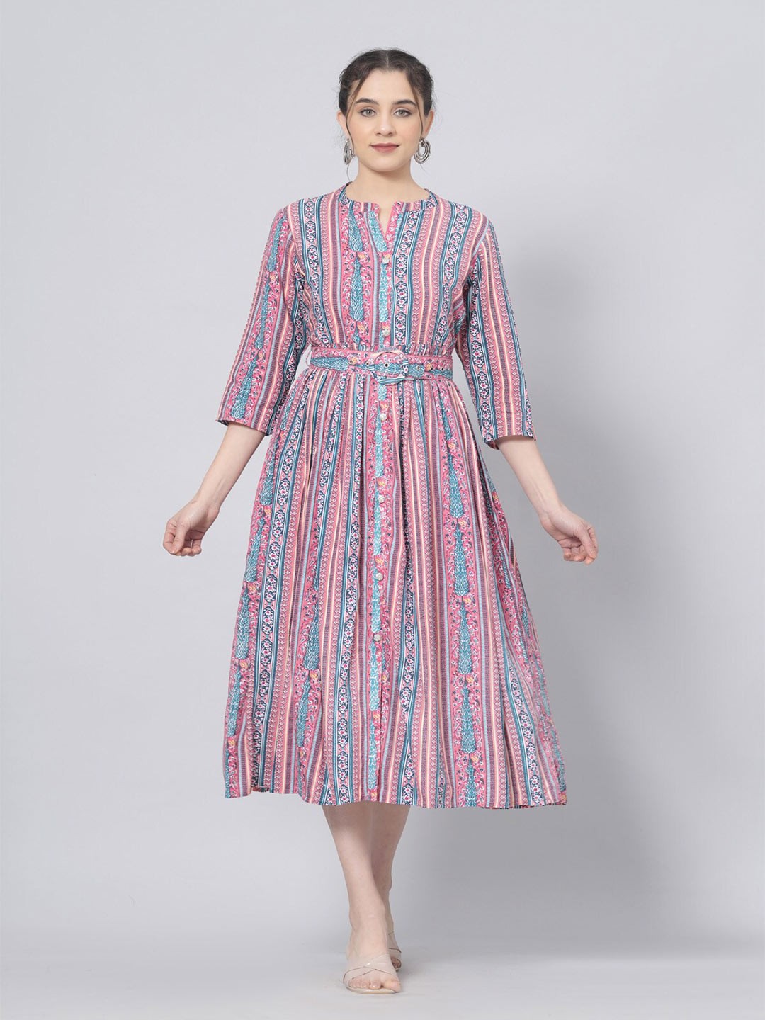

PREKSHA Printed Fit & Flare Dress With Belt, Pink