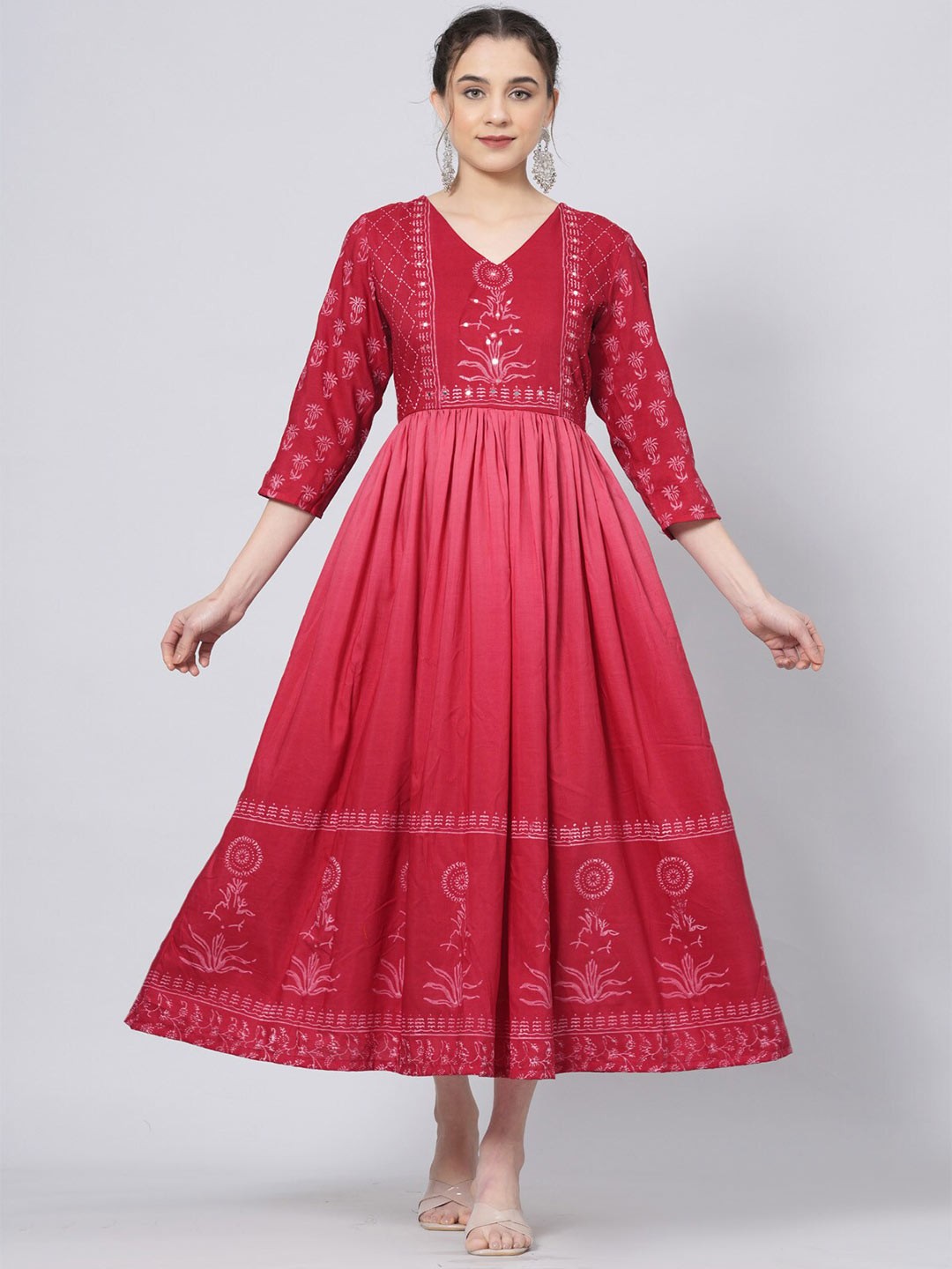 

PREKSHA Floral Block Printed Mirror Work A-line Kurta, Red