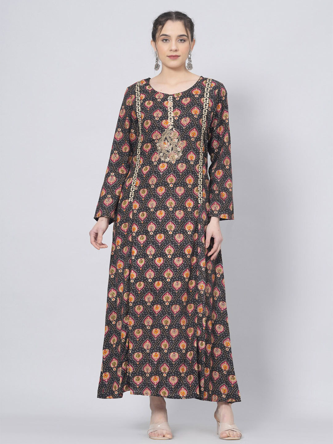 

PREKSHA Ethnic Motifs Printed Round Neck Long Sleeves Flared Sleeves Gotta Patti Kurta, Black