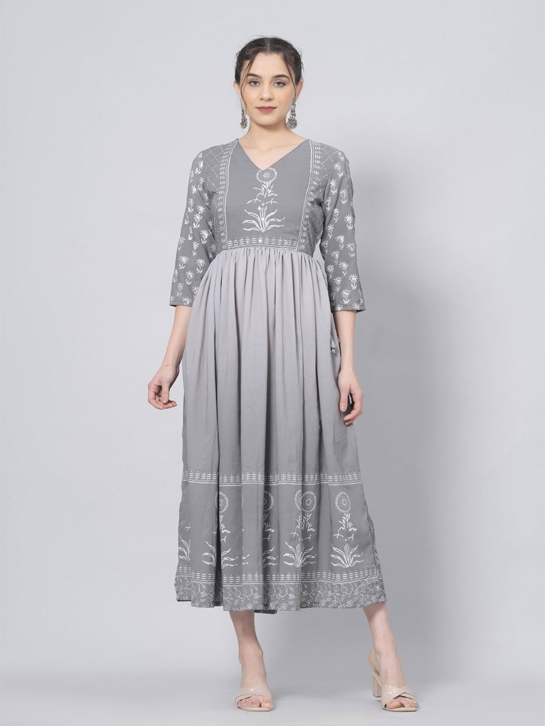 

PREKSHA Floral Block Printed A-line Kurta, Grey