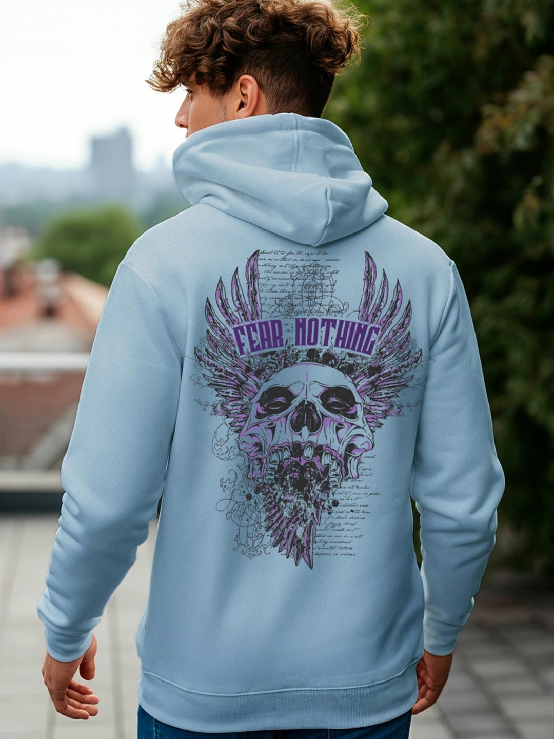 

Bewakoof Men Fear Nothing Graphic Printed Hoodies, Blue
