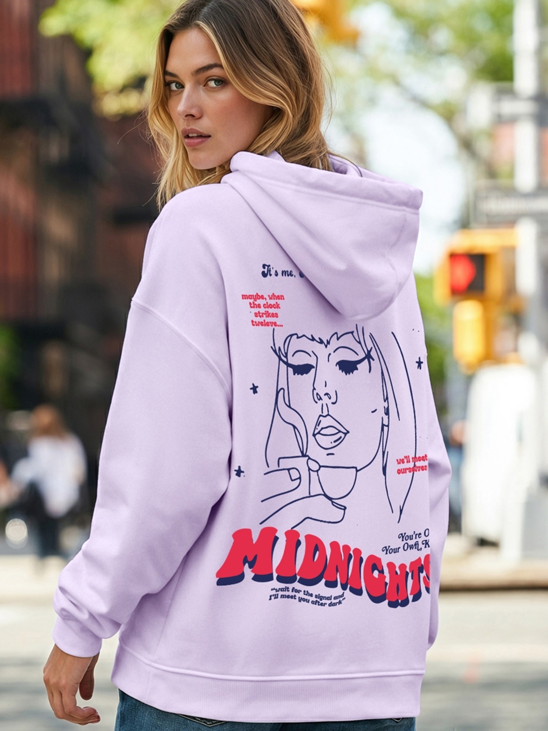 Bewakoof Mid Night Graphic Printed Oversized Hooded Cotton Pullover Sweatshirt, Purple