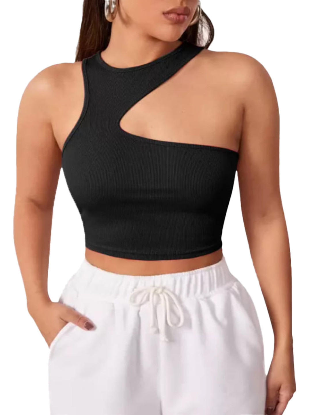 

BAESD Round Neck Sleeveless Cotton Fitted Crop Top, Black