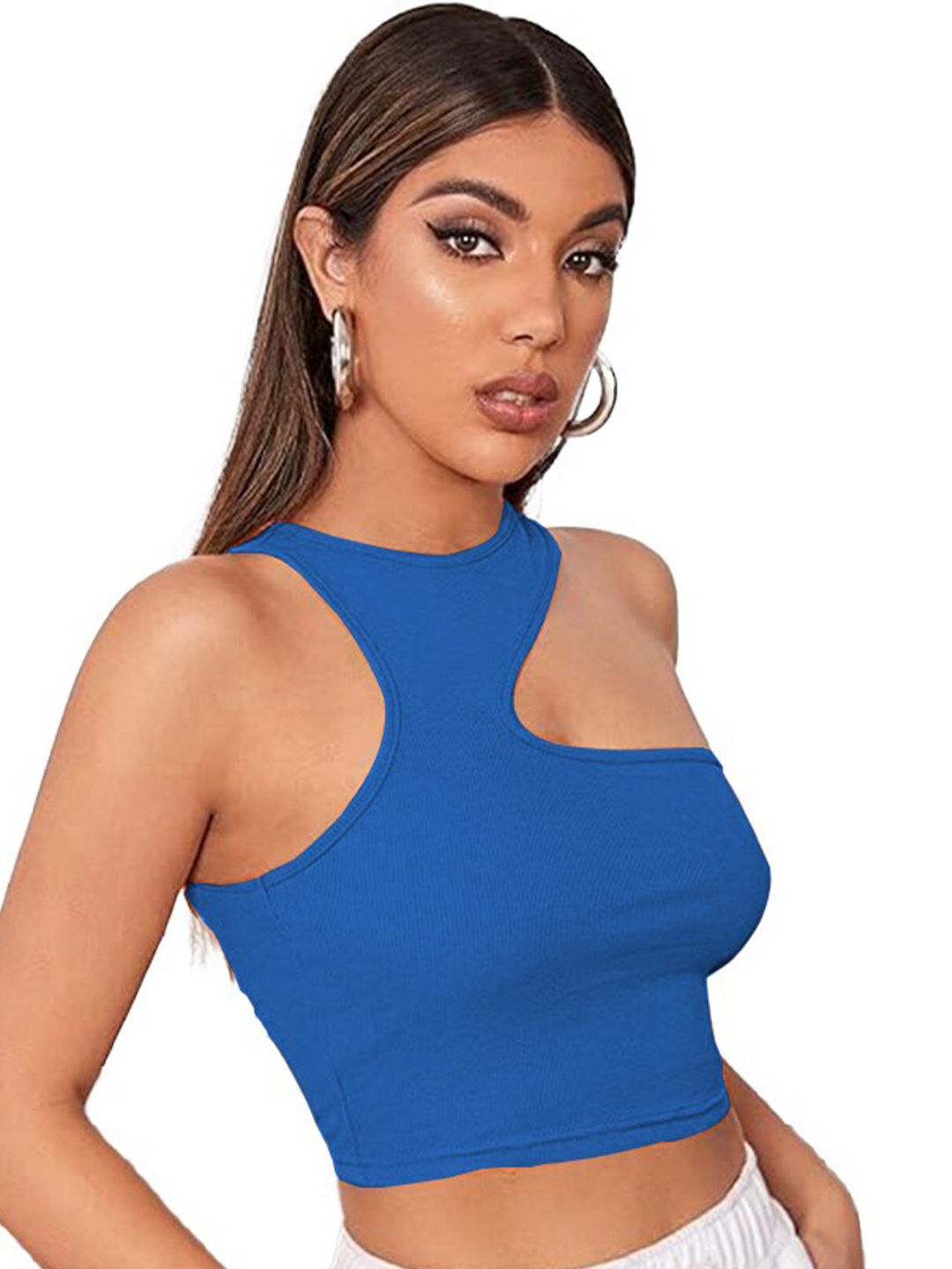 

BAESD Round Neck Opaque Cut Out Party Crop Top, Blue
