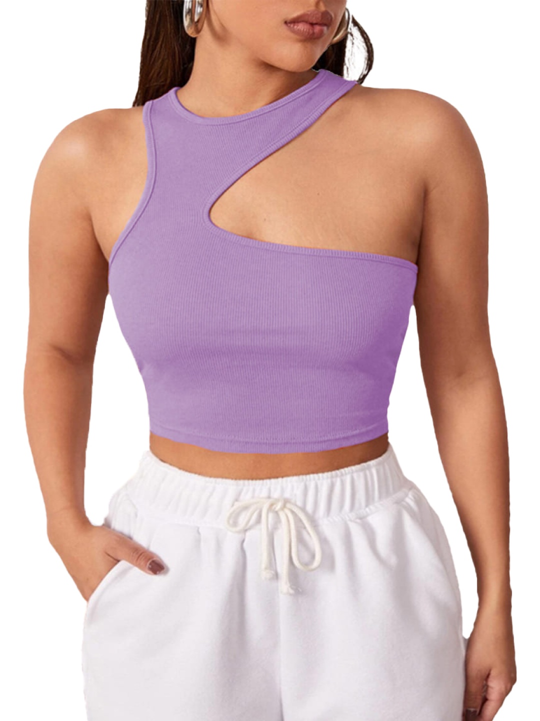 

BAESD One Shoulder Sleeveless Cut Out Fitted Crop Top, Lavender