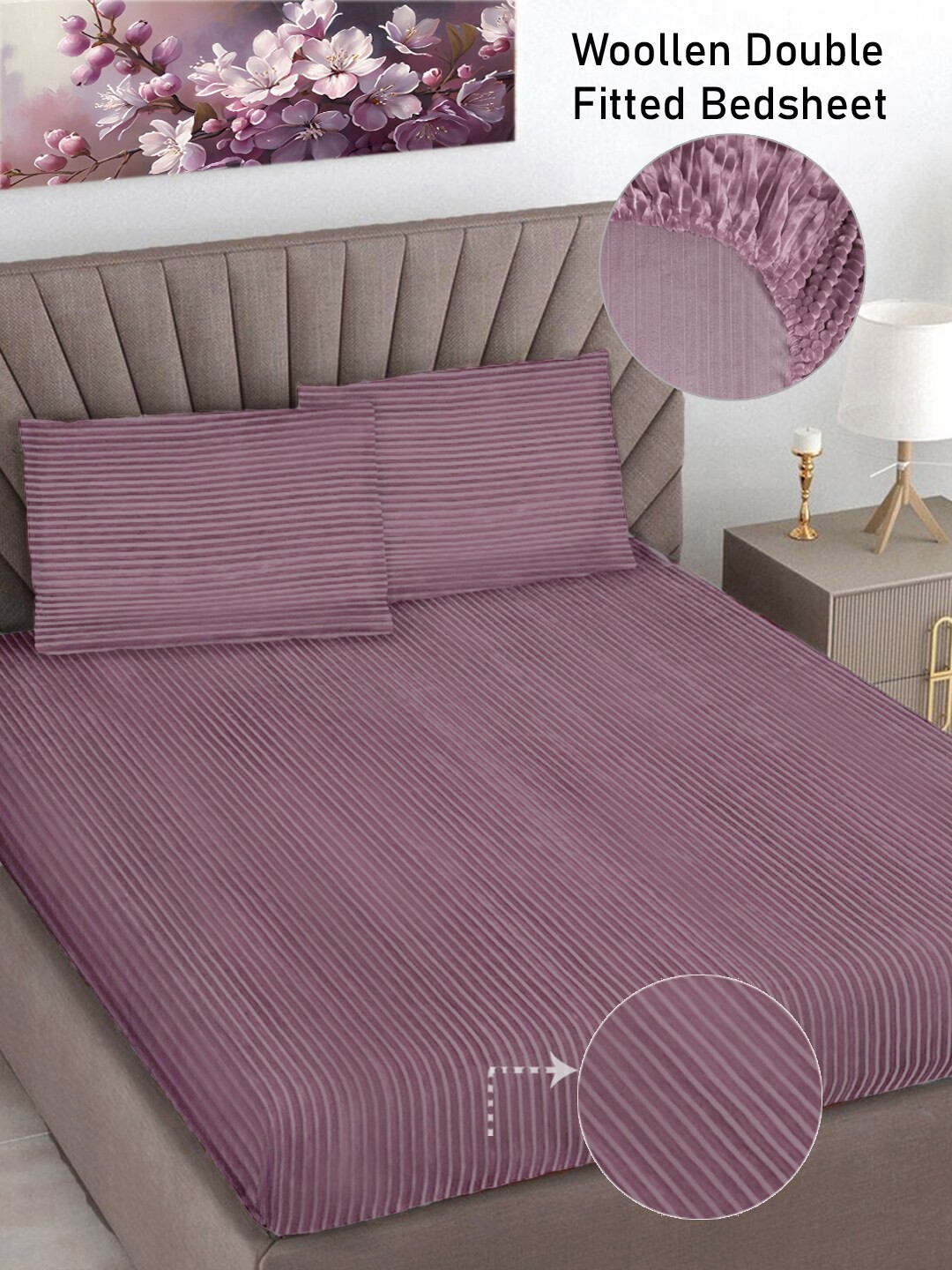 

FABINALIV Pink Striped 300 TC Woollen King Size Fitted Bedsheet with 2 Pillow Covers