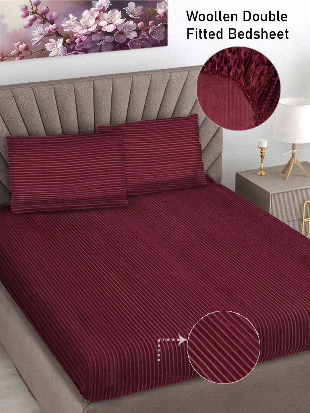 

FABINALIV Maroon Striped 300 TC Woollen King Size Fitted Bedsheet with 2 Pillow Covers