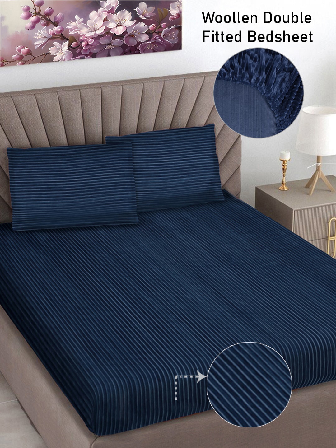 

FABINALIV Navy Blue Striped 300 TC Woollen King Size Fitted Bedsheet with 2 Pillow Covers