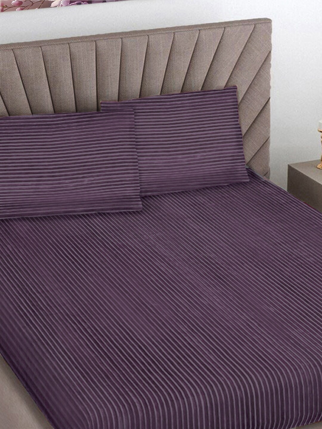 

FABINALIV Purple Striped 300 TC Woollen King Size Fitted Bedsheet with 2 Pillow Covers