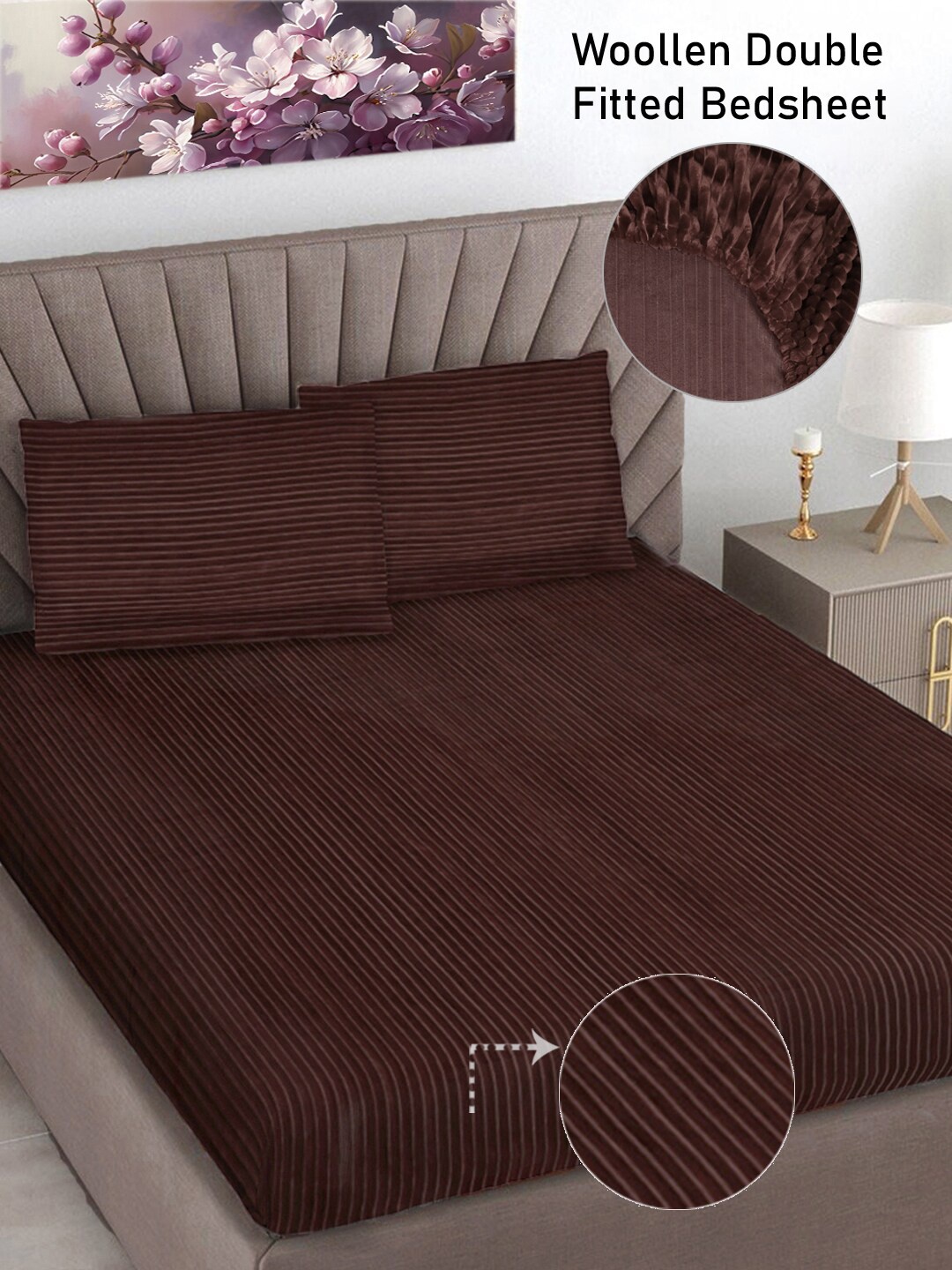 

FABINALIV Coffee Striped 300 TC Woollen King Size Fitted Bedsheet with 2 Pillow Covers, Coffee brown