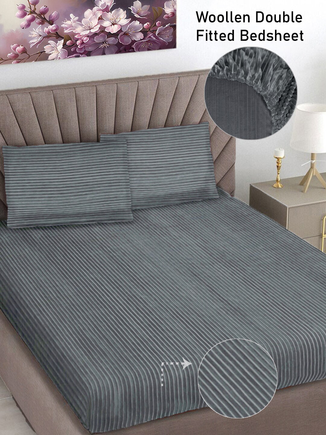 

FABINALIV Grey Striped 300 TC Woollen King Size Fitted Bedsheet with 2 Pillow Covers