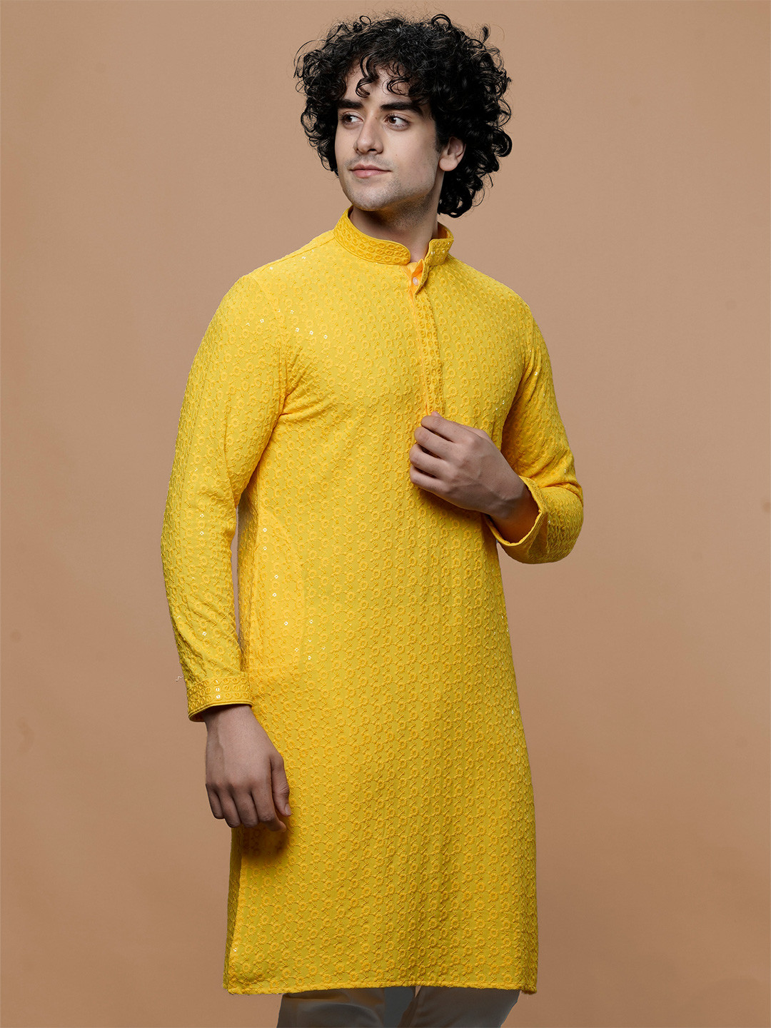 

MAAHI FABS Sequin Embroidered Regular Thread Work Cotton Kurta With Churidar, Yellow