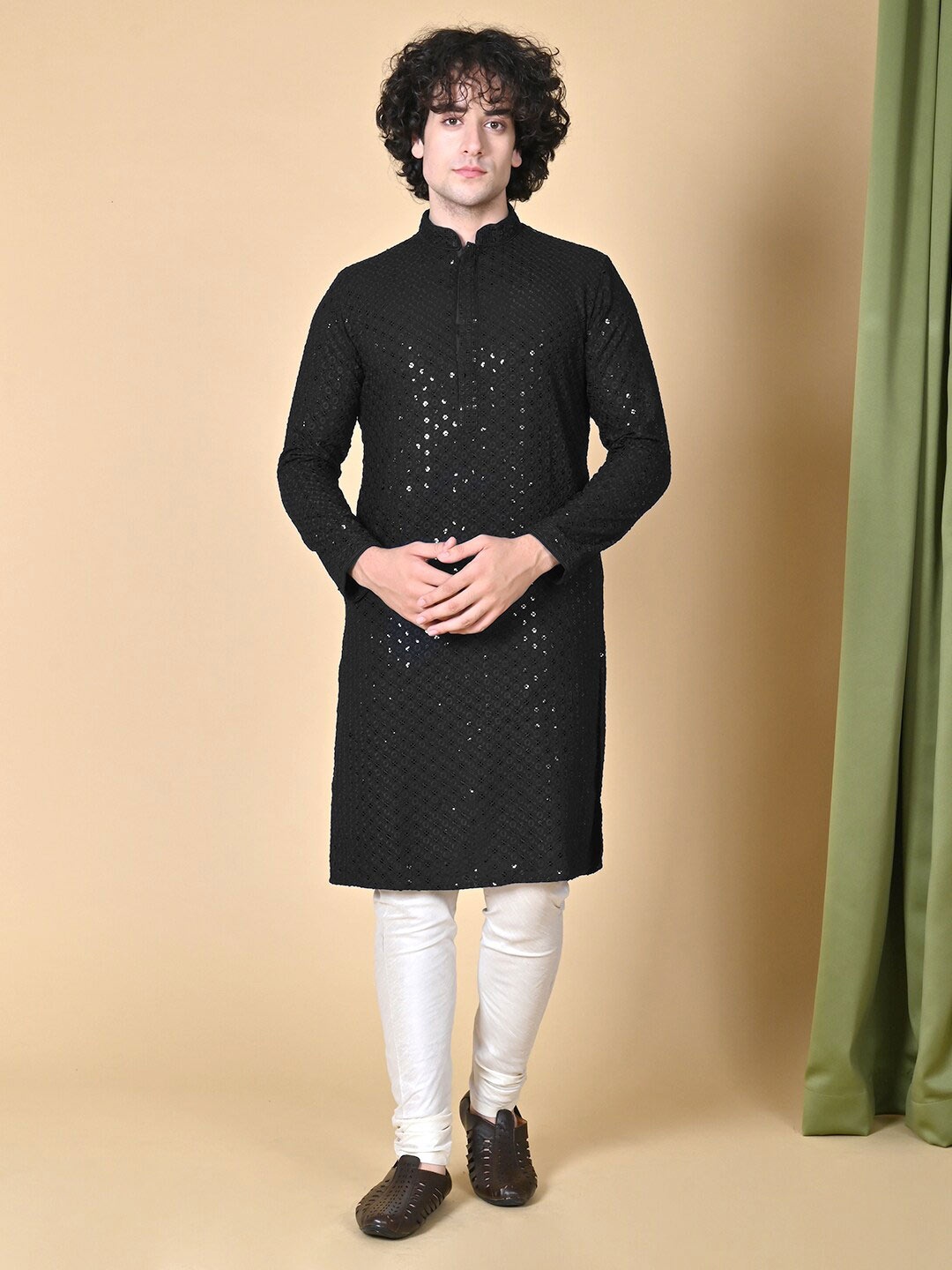 

MAAHI FABS Sequin Embroidered Regular Cotton Kurta With Churidar, Black