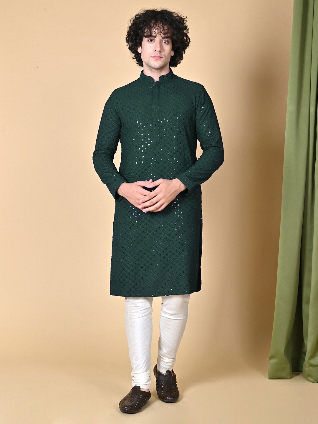 

MAAHI FABS Ethnic Motif Embroidered Sequinned Regular Thread Work Cotton Kurta & Churidar, Green