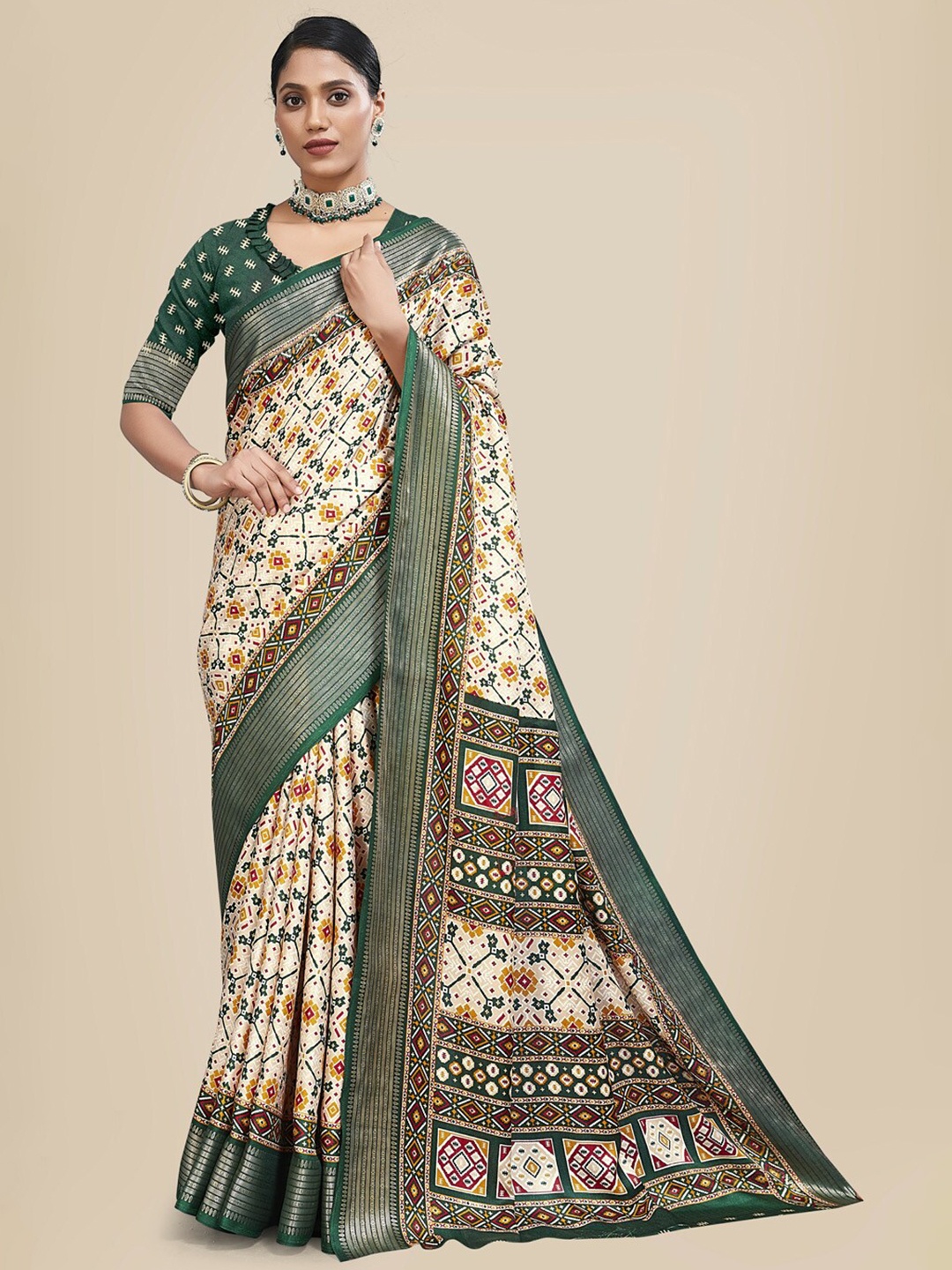 

Mitera Geometric Printed Zari Pure Silk Patola Saree, Green