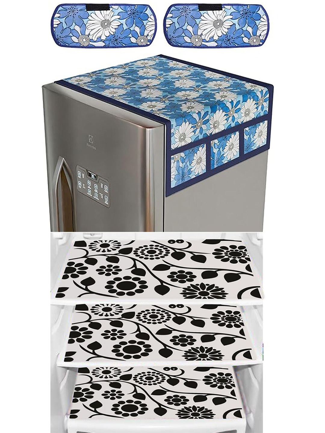 

Dakshya Industries Blue & Black 6 Pieces Floral Printed Fridge Cover With Fridge Mats