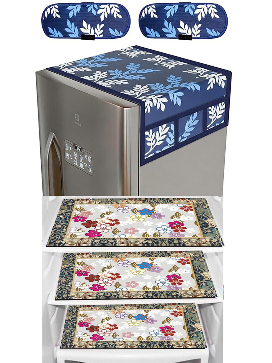 

Dakshya Industries Blue & Pink 4 Pieces Floral Printed Fridge Cover With Fridge Mats