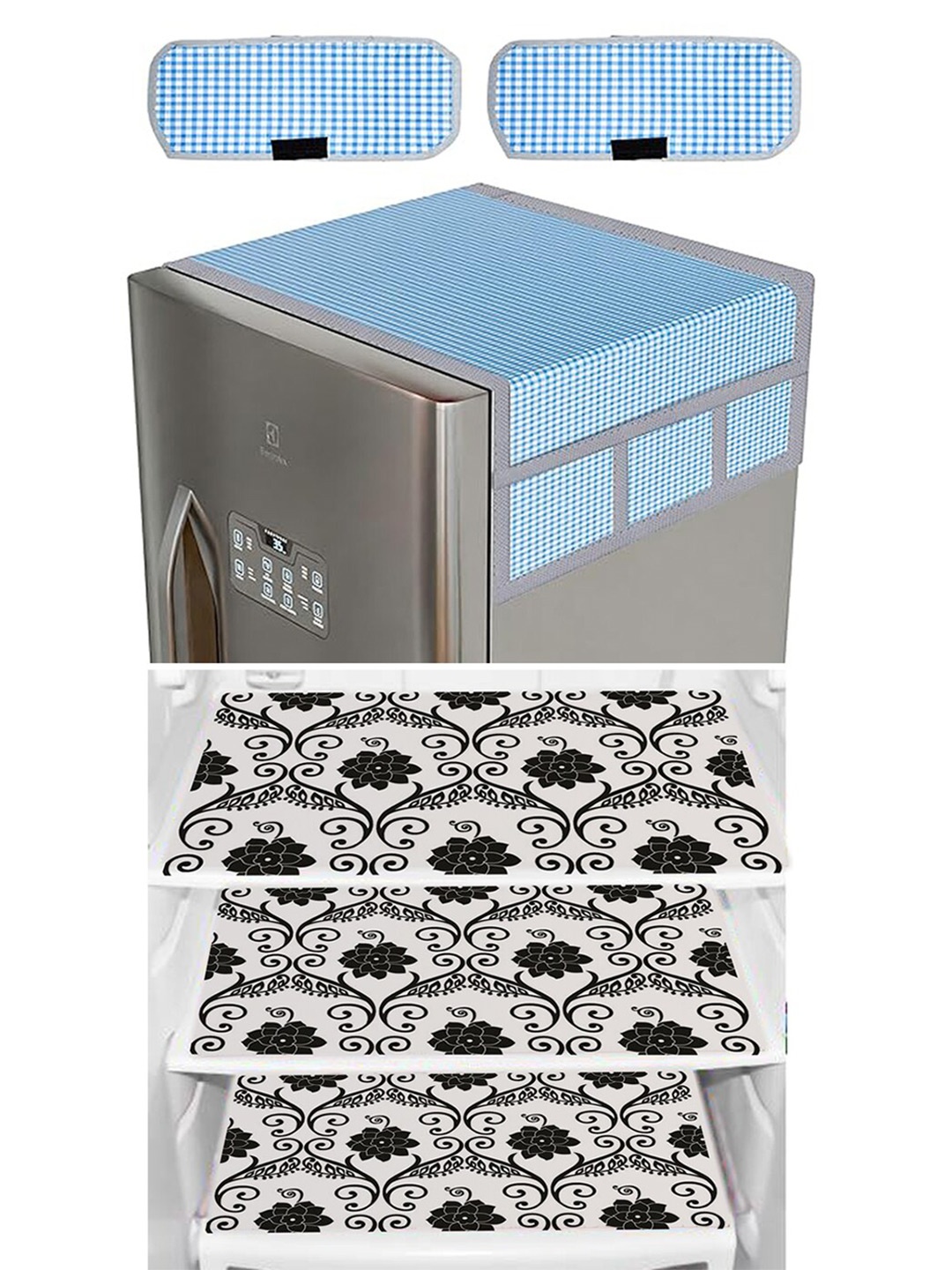

Dakshya Industries Blue & Black 4 Pieces Floral Printed Fridge Cover With Fridge Mats