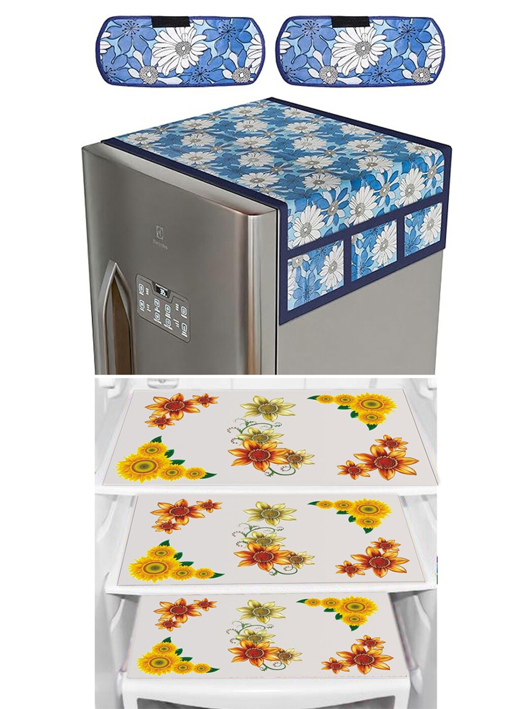 

Dakshya Industries Yellow & Blue 4 Pieces Floral Printed Fridge Cover With Fridge Mats