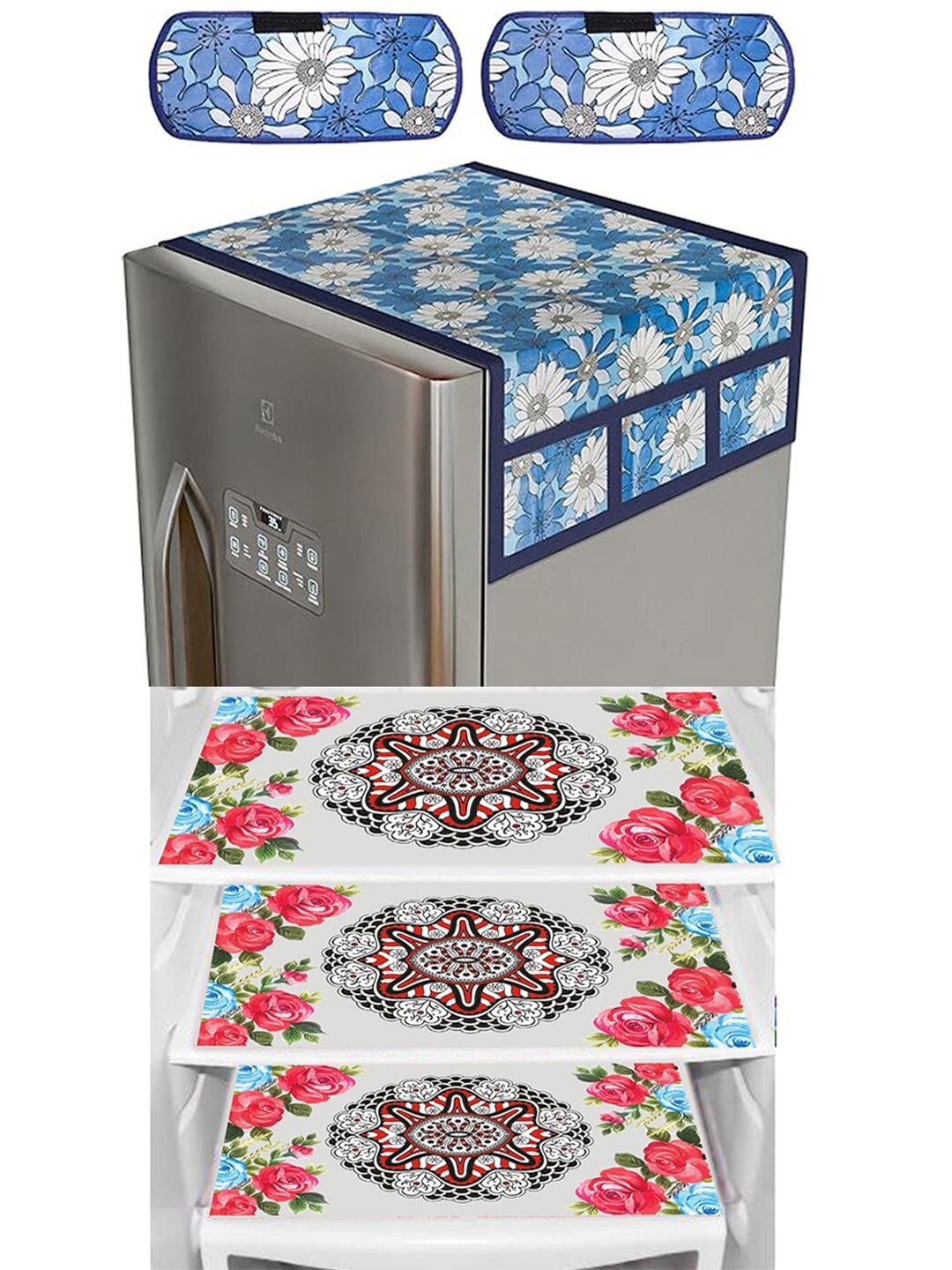 

Dakshya Industries Blue & Pink 6 Pieces Floral Printed Refrigerator Covers & Mats