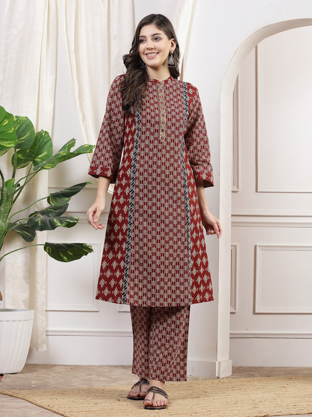 

Nayam By Lakshita Mandarin Collar Sequined Geometric Printed A Line Kurta with Trouser, Red