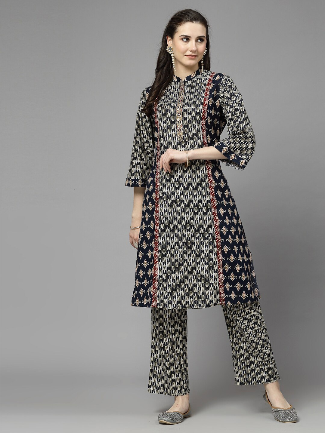 

Nayam By Lakshita Mandarin Collar Sequined Geometric Printed A Line Kurta with Trouser, Blue