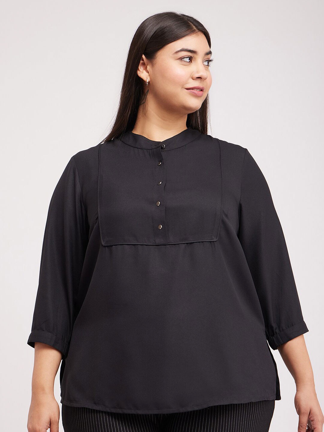 

FableStreet X Mandarin Collar Shirt Style Top, Black