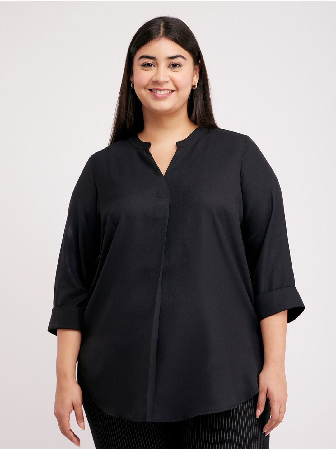 

FableStreet X Plus Size Mandarin Collar Long Sleeves Satin Tunic, Black