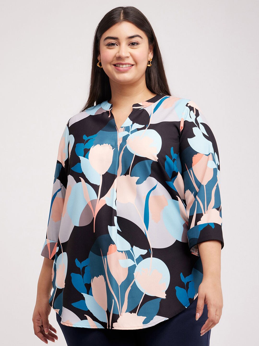 

FableStreet X Plus Size Florl Printed Mandarin Collar Long Sleeves Satin Tunic, Blue