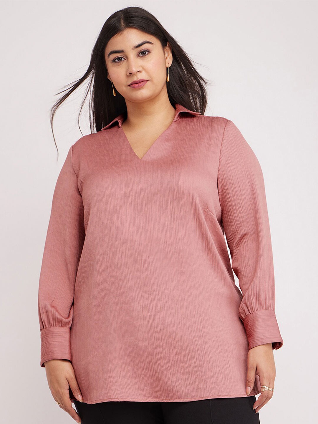 

FableStreet X Plus Size Shirt Collar Long Sleeves Satin Tunic, Pink
