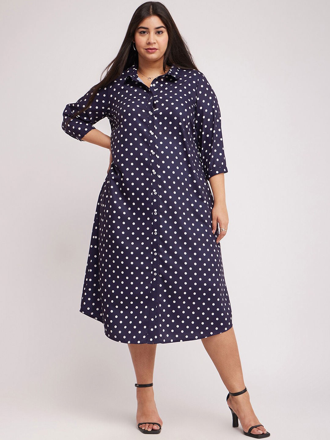 

FableStreet X Polka Dot Print Shirt Collar Shirt Midi Plus Size Dress, Navy blue