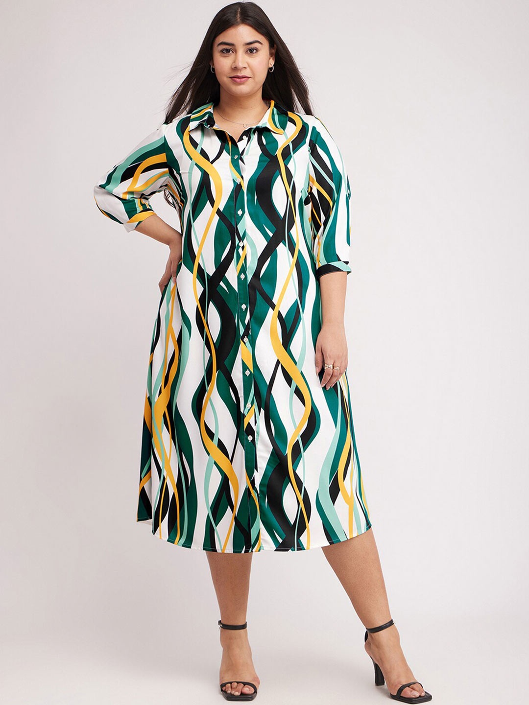 

FableStreet X Abstract Print Shirt Collar Shirt Midi Plus Size Dress, White