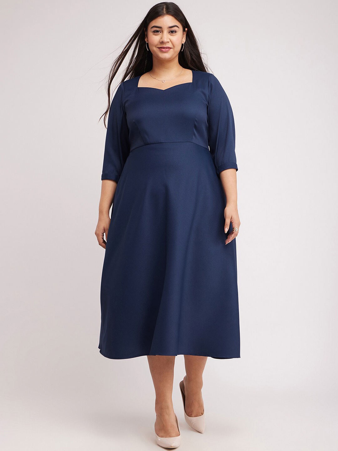 

FableStreet X Square Neck Fit & Flare Midi Plus Size Dress, Navy blue