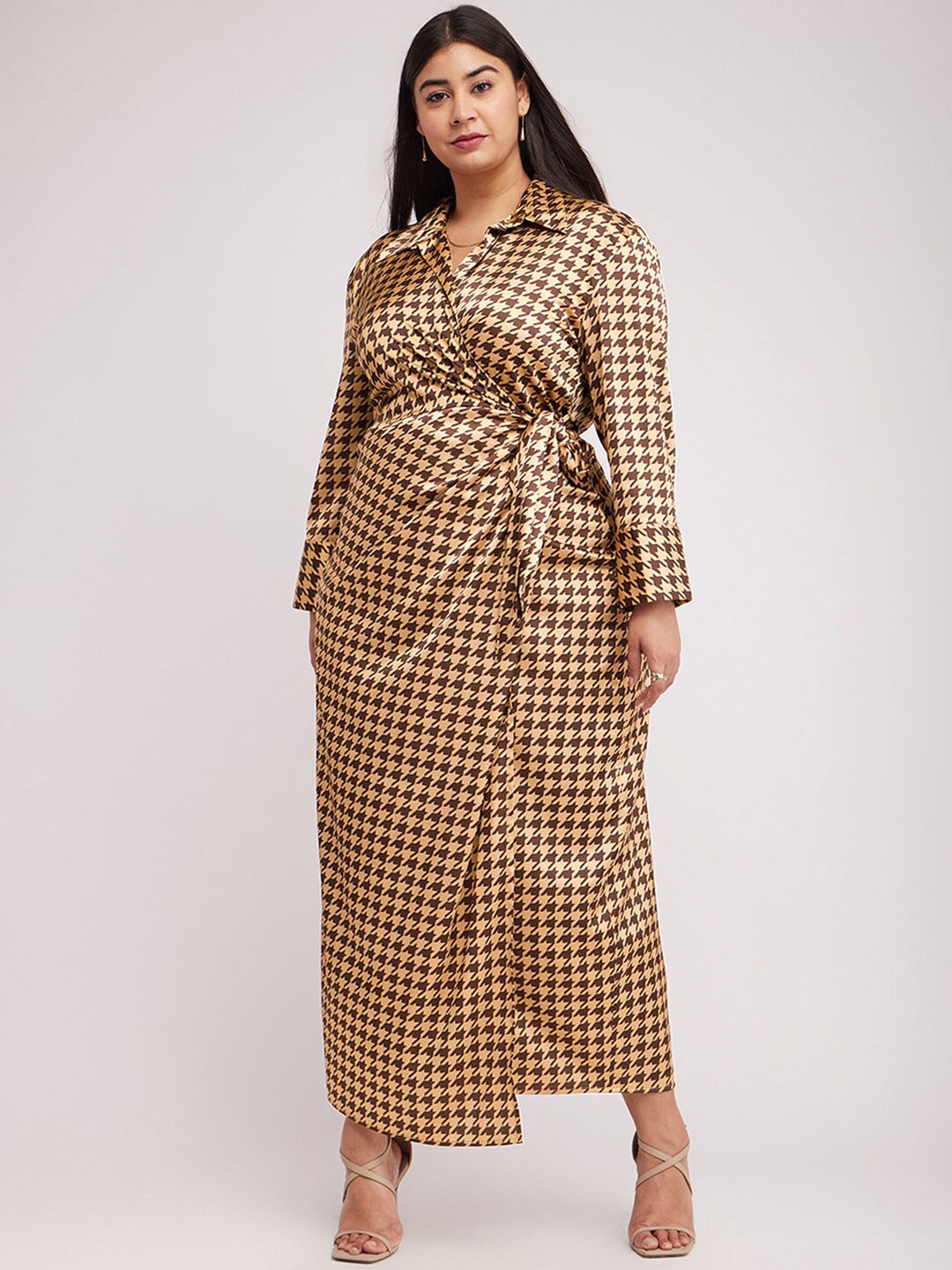 

FableStreet X Checked Satin Shirt Collar Maxi Party Plus Size Dress, Brown