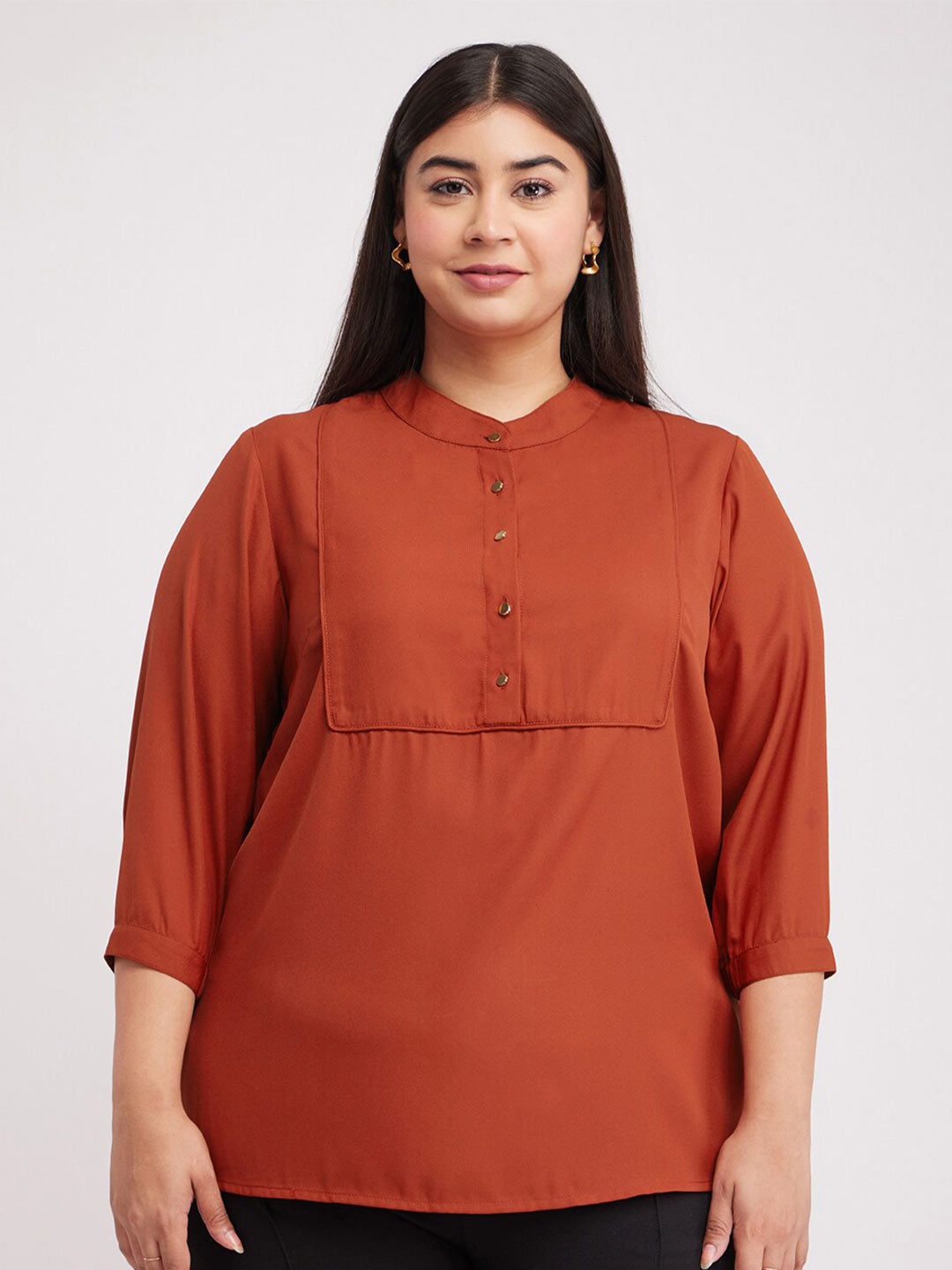 

FableStreet X Plus Size Mandarin Collar Three-Quarter Sleeves Top, Rust