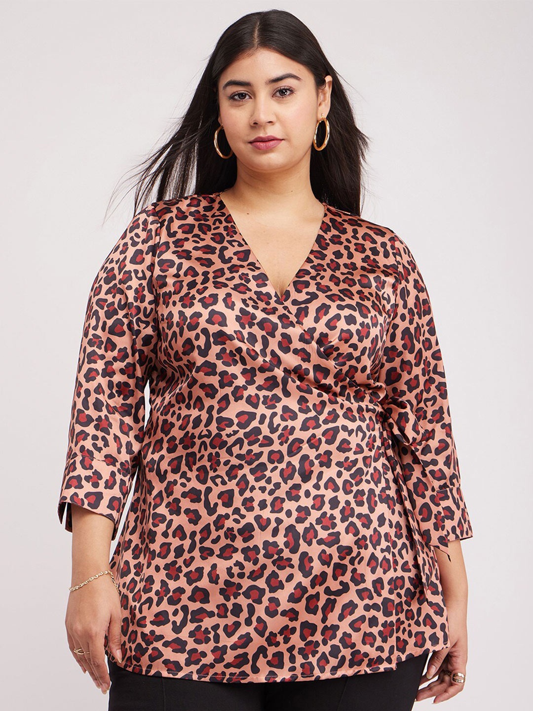 

FableStreet X Animal Printed Satin Wrap Party Top, Brown