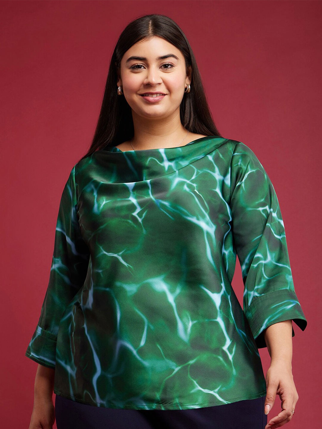 

FableStreet X Printed Cowl Neck Satin Party Top, Green
