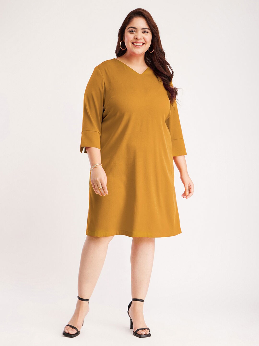 

FableStreet X Plus Size V-Neck Regular Sleeves Knee Length A-Line Dress With Attached Belt, Mustard