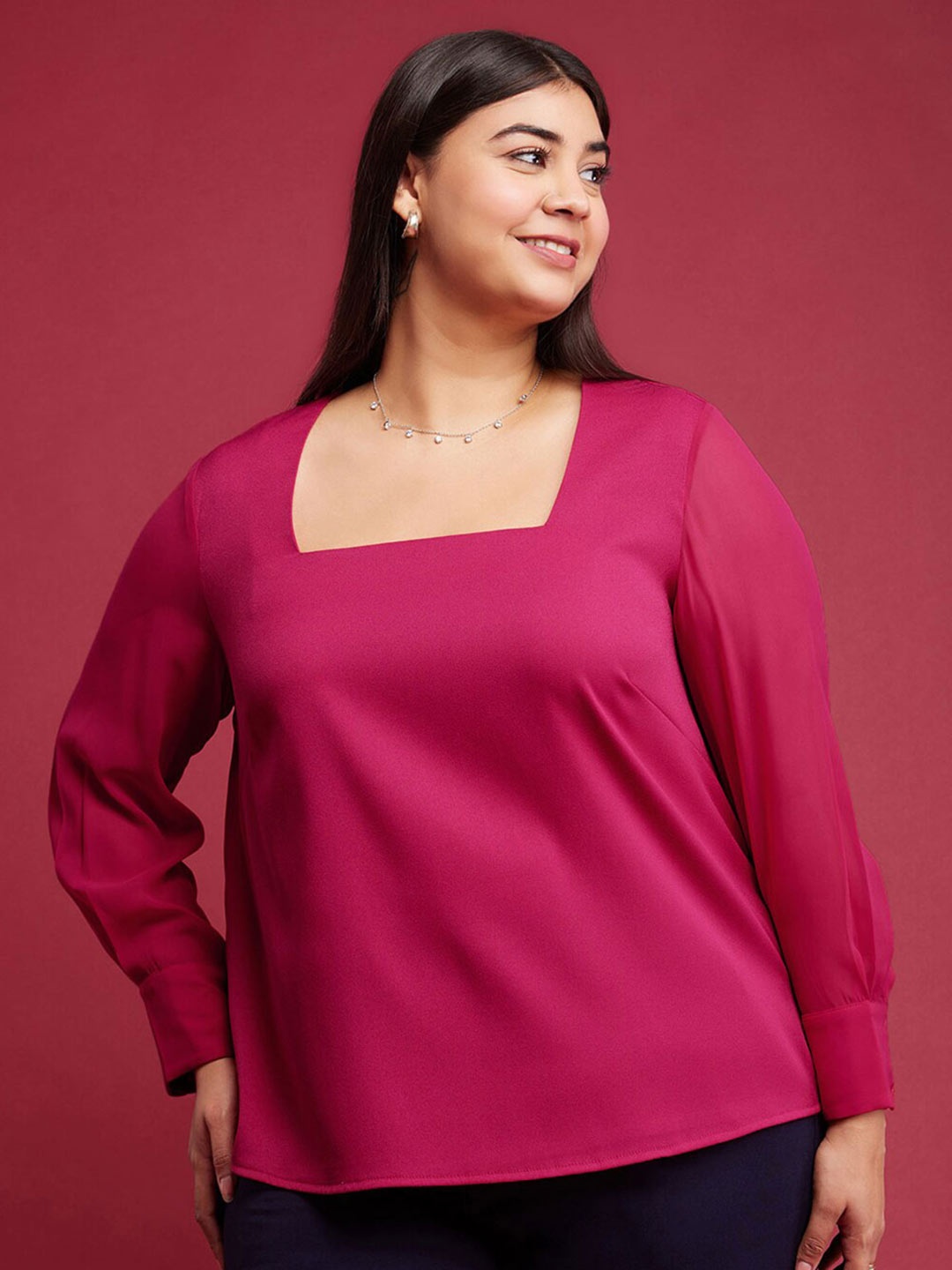 

FableStreet X Plus Size Square Neck Long Cuffed Sleeves Top, Fuchsia