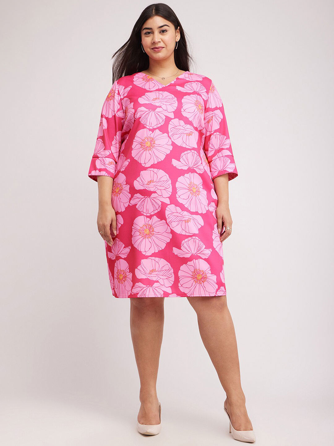 

FableStreet X Plus Size Floral Print Round Neck Knee Length A-Line Dress, Pink