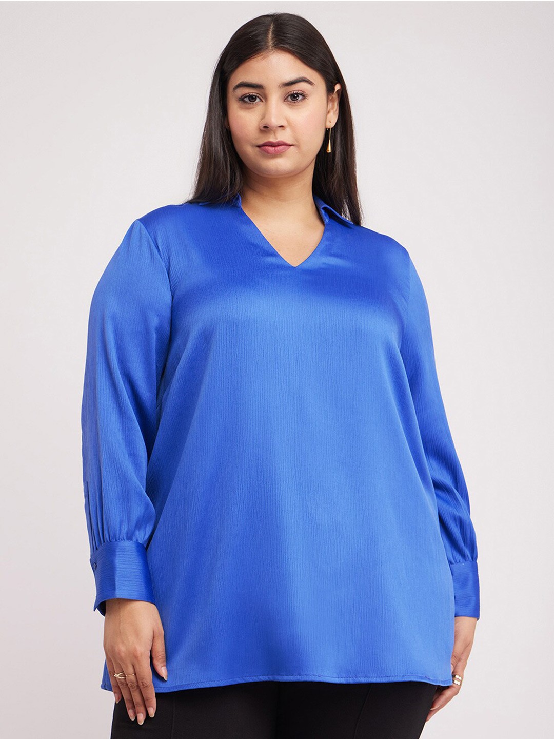 

FableStreet X Plus Size Shirt Collar Long Sleeves Satin Tunic, Blue