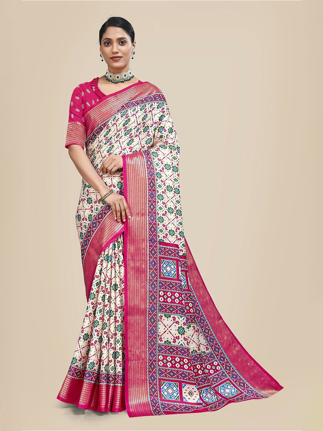 

VILLAGIUS Ethnic Motifs Woven Design Zari Pashmina Patola Saree, Pink