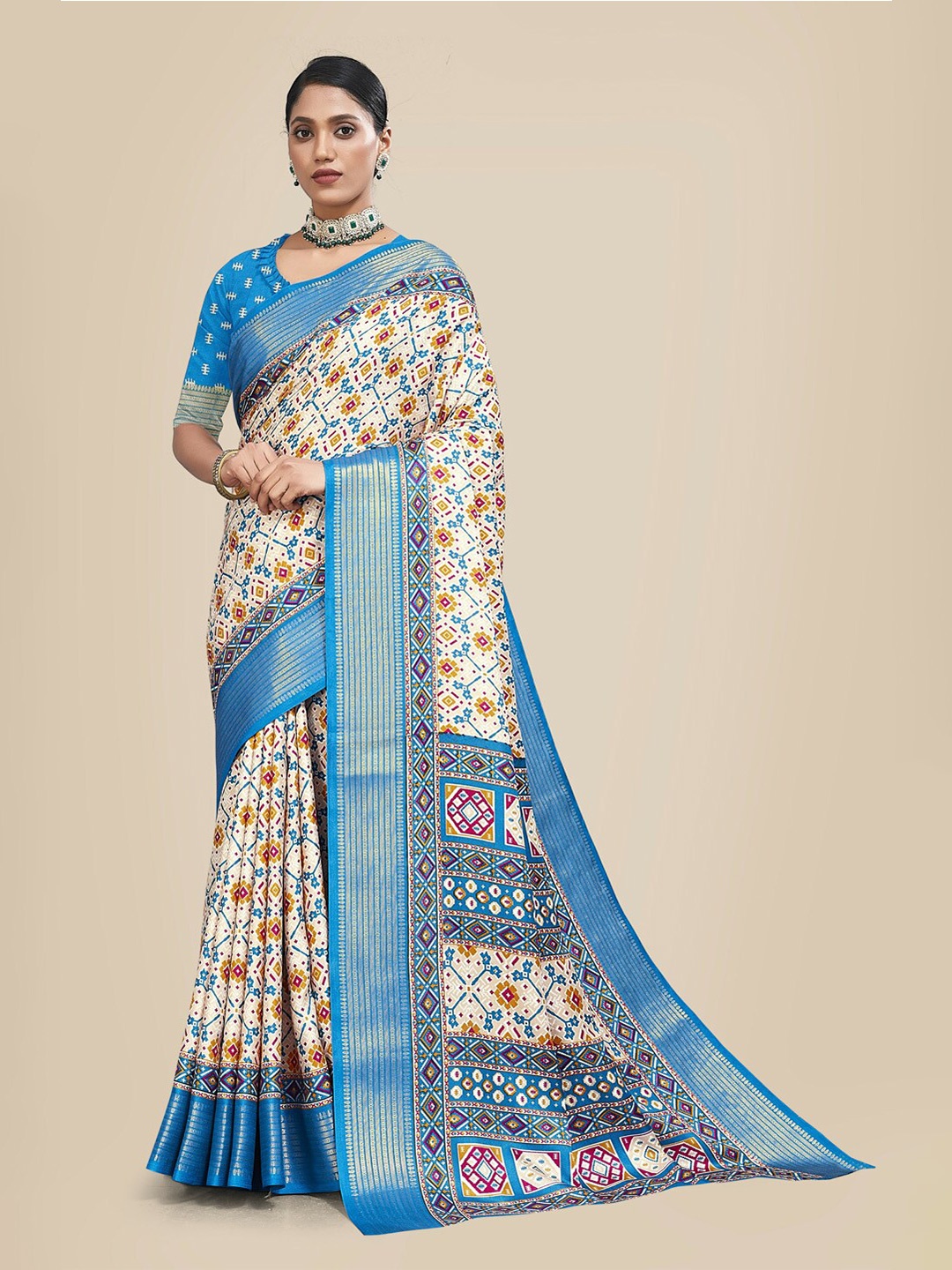 

VILLAGIUS Ethnic Motifs Zari Pashmina Patola Saree, Blue
