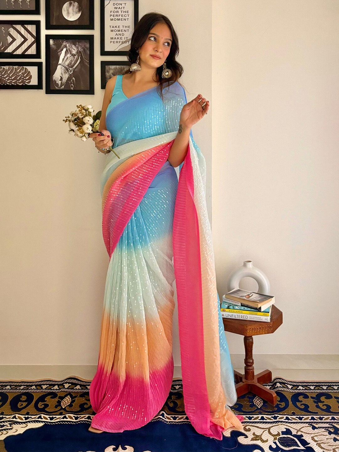 

Kalista Blue & Orange Embellished Sequinned Pure Georgette Saree