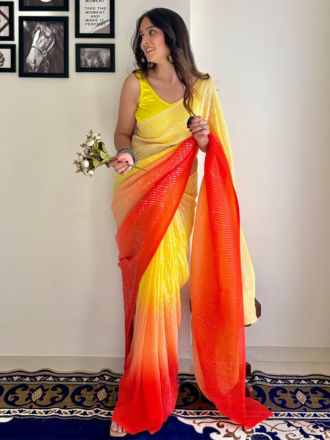 

Kalista Yellow & Orange Embellished Sequinned Pure Georgette Saree