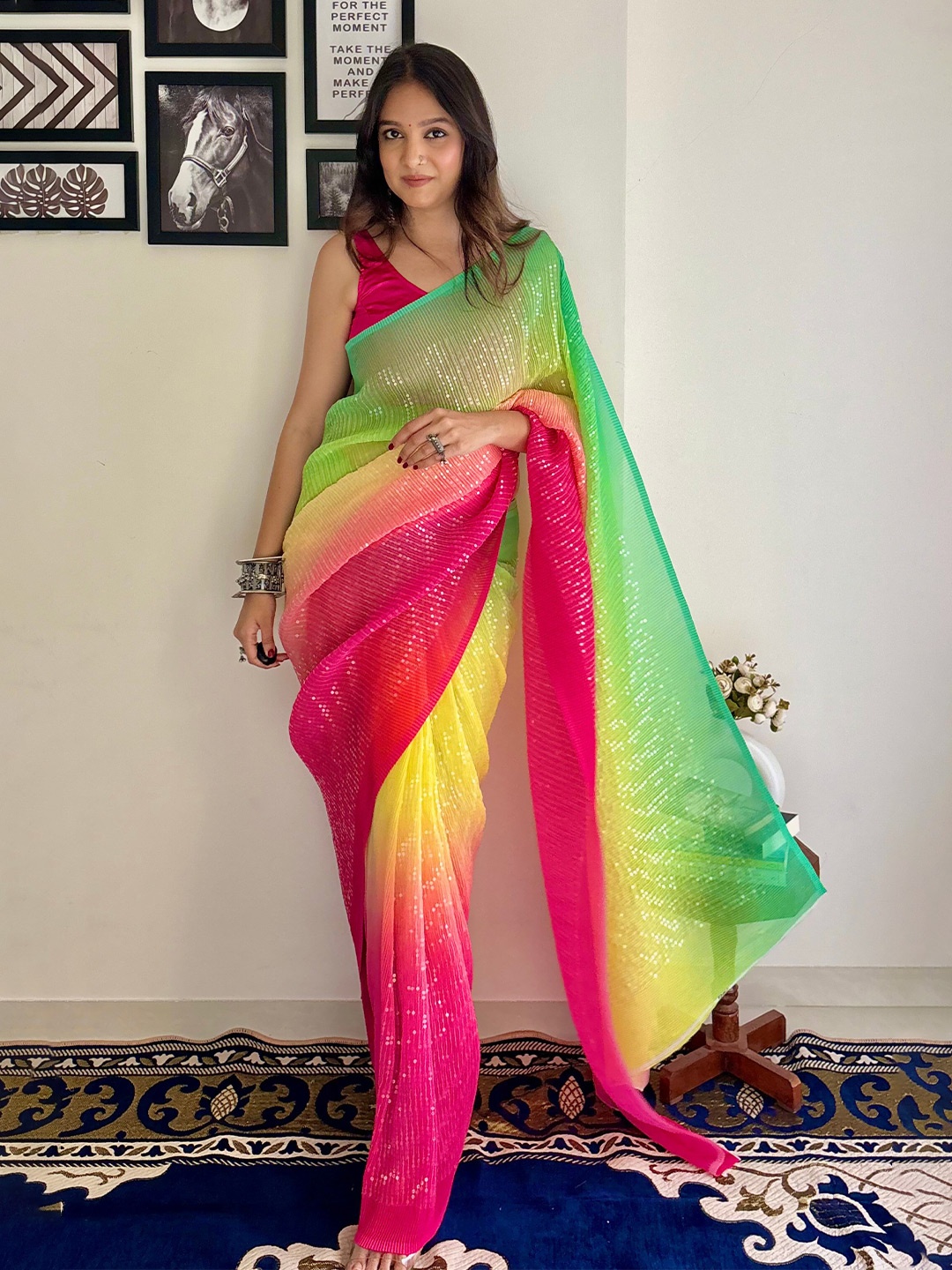 

Kalista Embellished Sequinned Pure Georgette Saree, Green