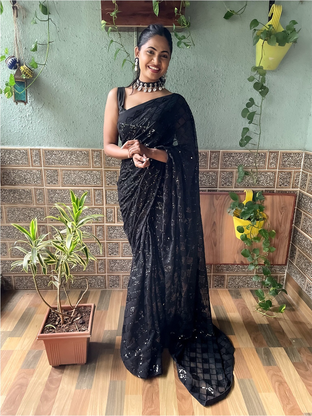 

Kalista Embellished Sequinned Pure Georgette Saree, Black