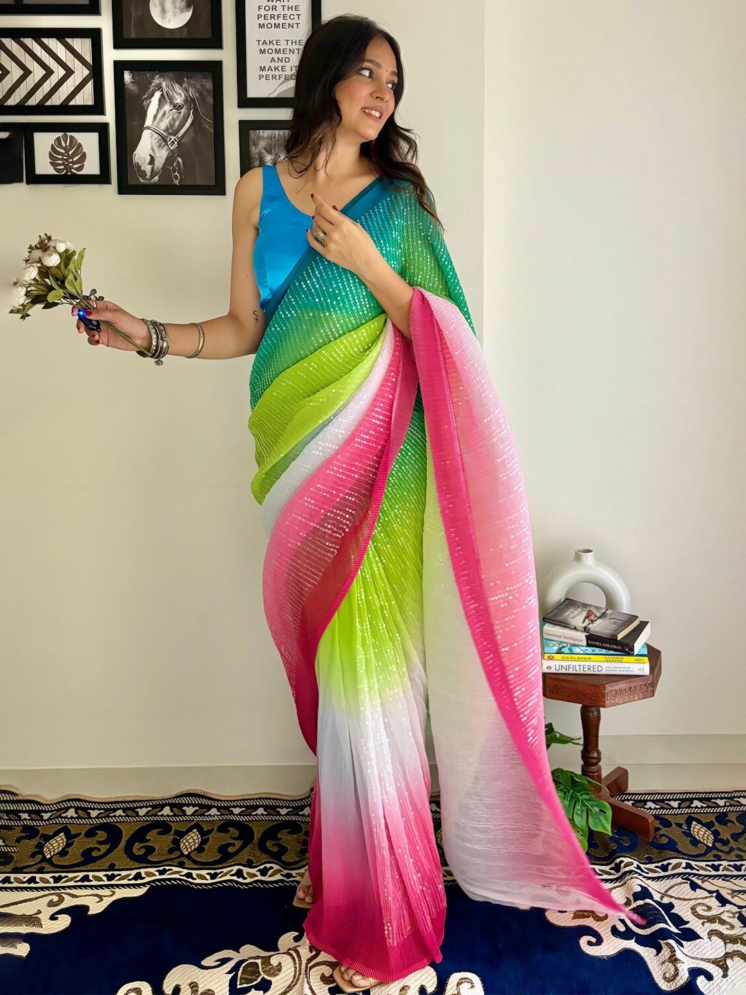 

Kalista Pink & White Embellished Sequinned Pure Georgette Saree