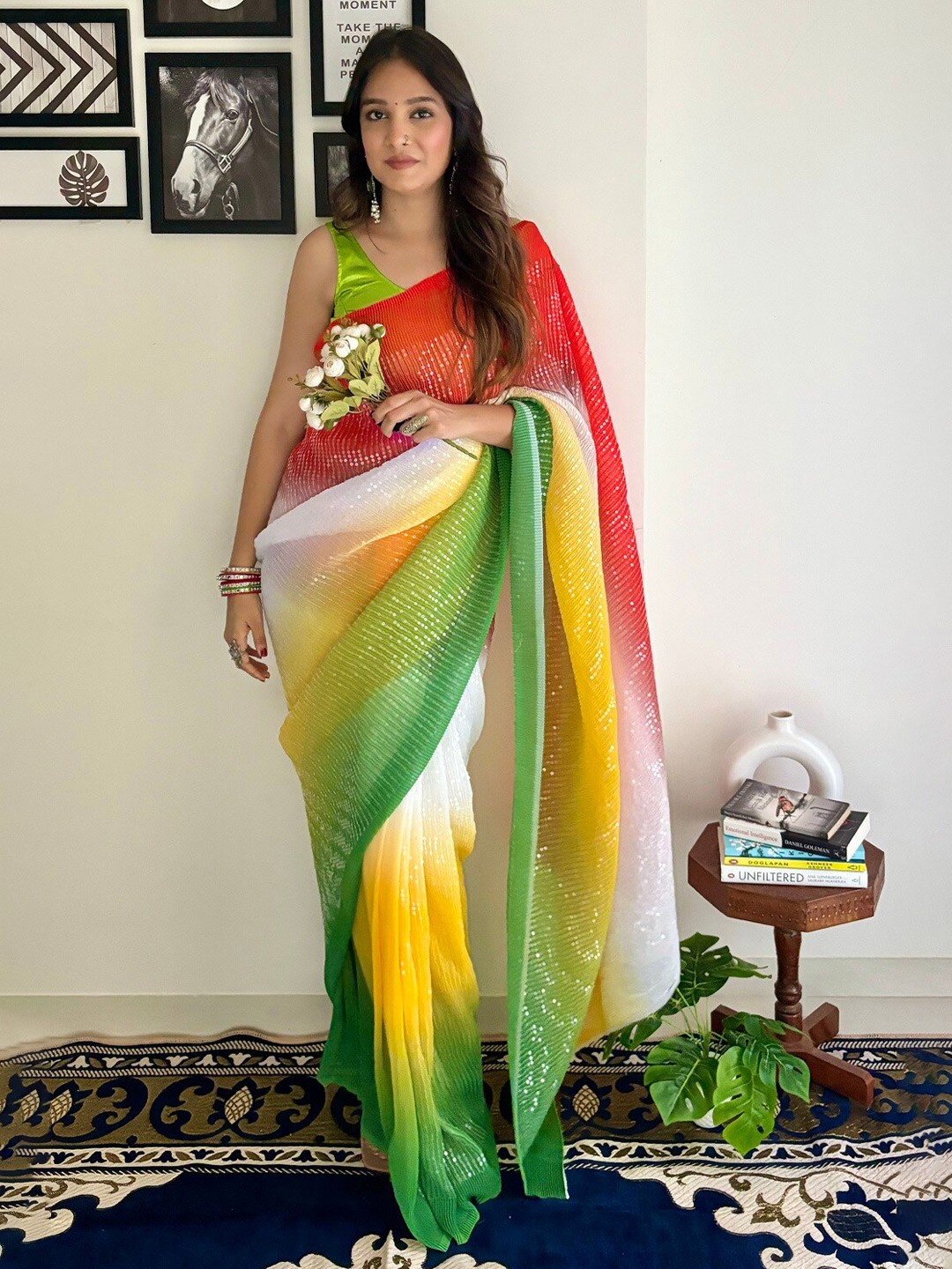 

Kalista Green & Yellow Colourblocked Sequinned Pure Georgette Saree