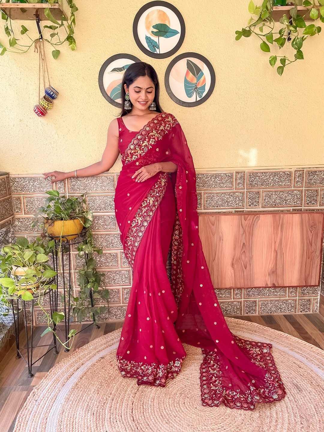 

Kalista Maroon & Beige Floral Embroidered Pure Georgette Designer Saree